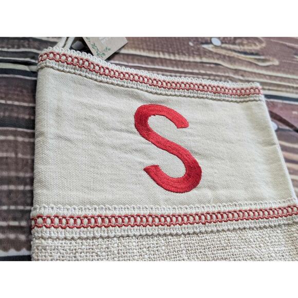 NEW Letter "S" Embroidered Beige Burlap Shimmer Christmas Stocking 20" Holiday - Picture 2 of 11